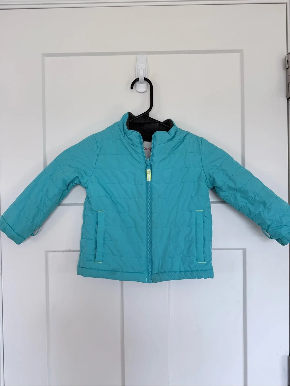 Cat & Jack Gray Geometric Hooded Puffer Jacket with Lime Accents